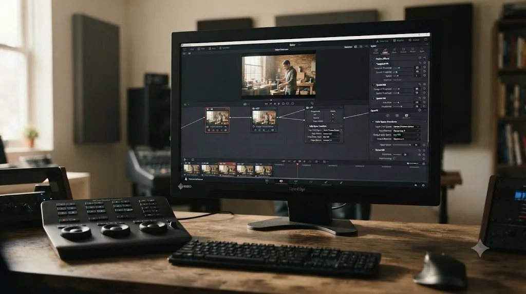 Illustration of a DaVinci Resolve node graph with a Noise Reduction node placed before a Color Space Transform node on Canon R5 C-Log3 footage