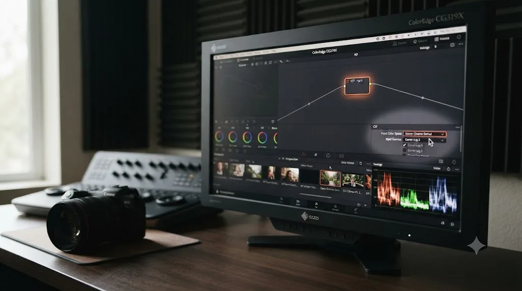 Illustration of an on-screen assistant highlighting the Color Space Transform settings in DaVinci Resolve on a Mac