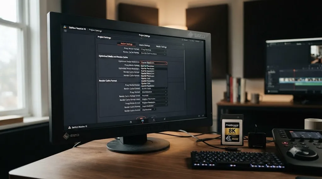 Illustration of a DaVinci Resolve Optimized Media settings panel next to an 8K RAW file icon from a Canon EOS R5