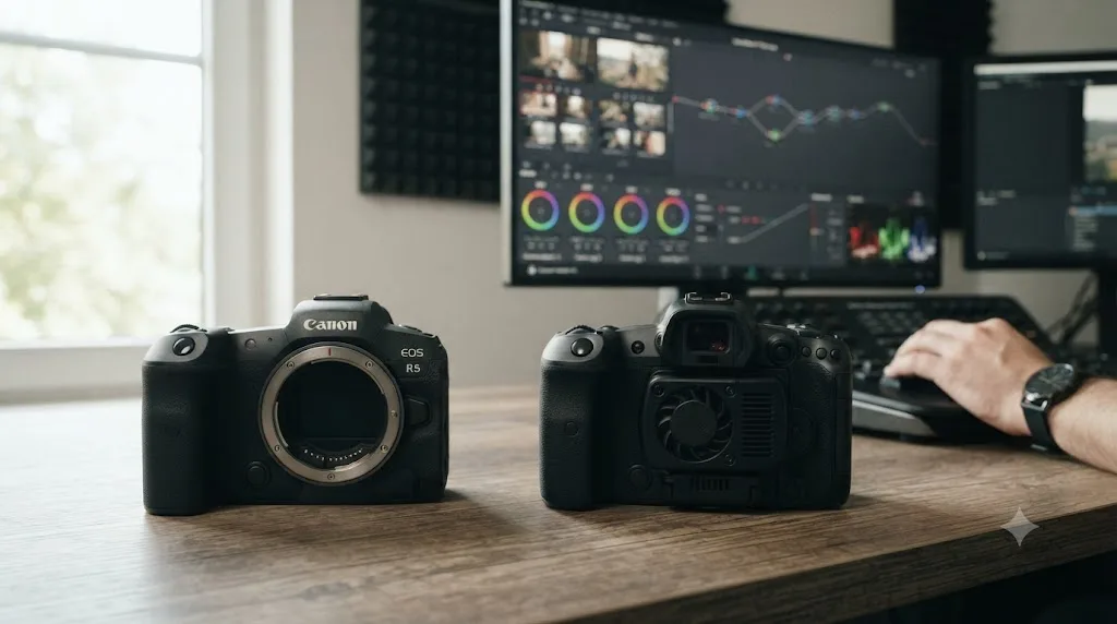 Illustration comparing a Canon EOS R5 and Canon EOS R5 C, both recording Cinema Gamut Canon Log 3 footage for DaVinci Resolve