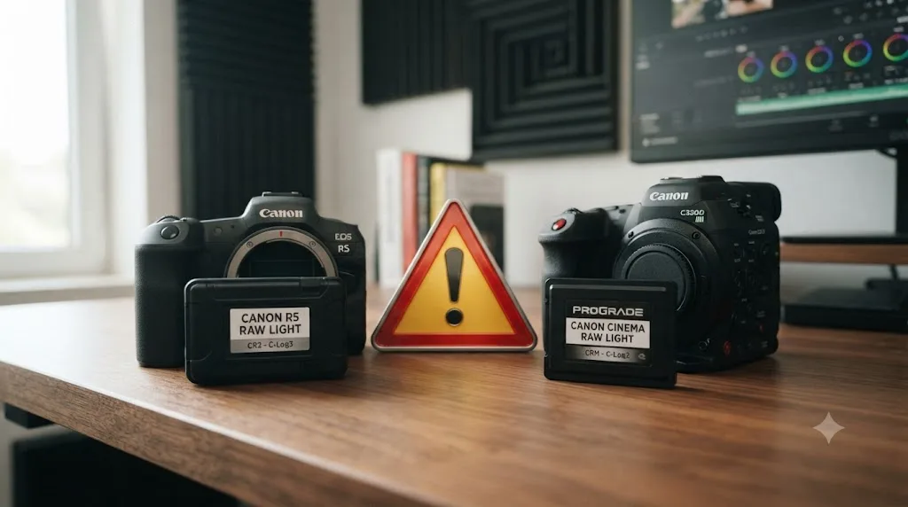Illustration comparing Canon R5 RAW Light and Canon Cinema RAW Light file formats with a warning symbol highlighting the naming confusion