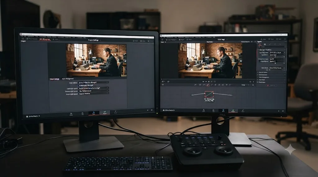 Illustration comparing DaVinci Resolve Color Management settings against a manual Color Space Transform node for Canon R5 footage