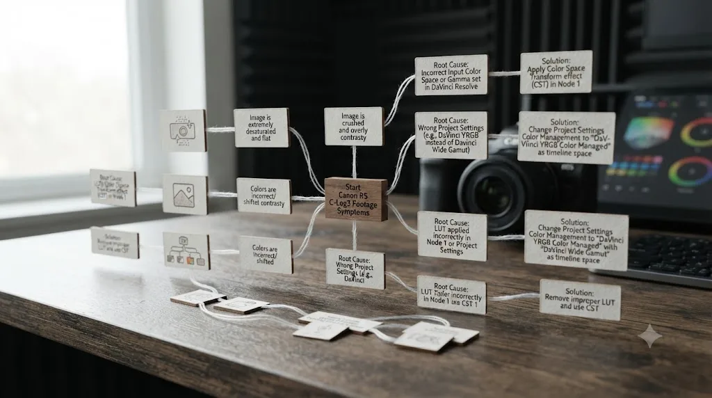 Illustration of a troubleshooting decision tree matching Canon R5 C-Log3 footage symptoms in DaVinci Resolve to their causes