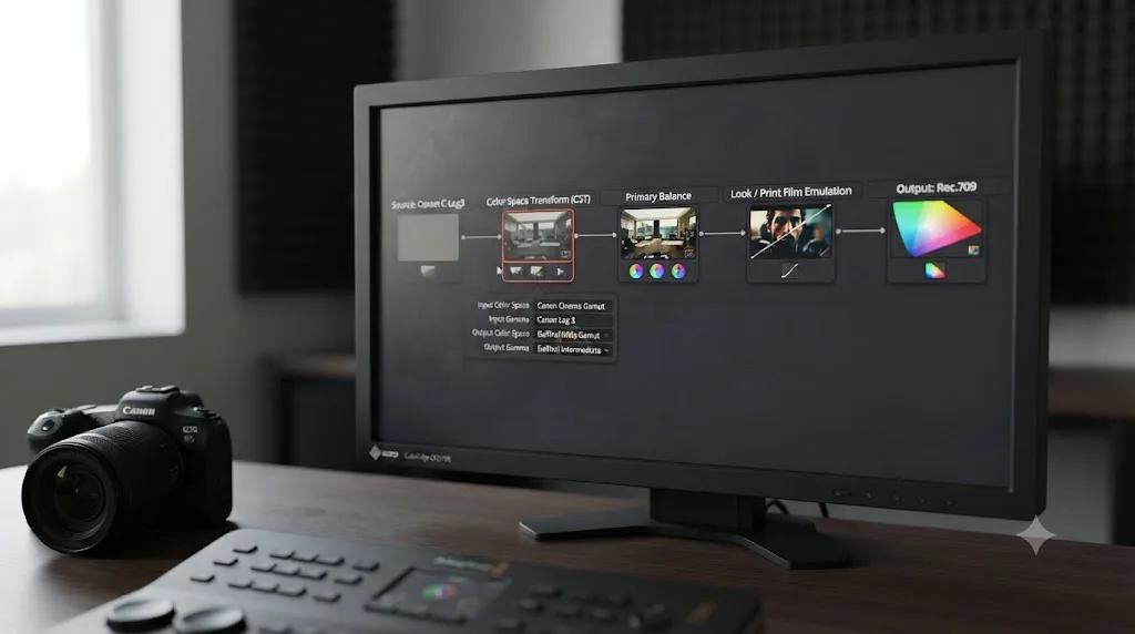 Illustration of a five-node DaVinci Resolve node graph taking Canon R5 C-Log3 footage from Log source to finished Rec.709 grade