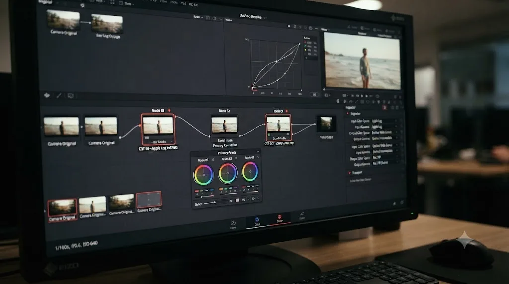 Illustration of the Sandwich Method color pipeline converting Apple Log 2 footage through an intermediate space to Rec.709 in DaVinci Resolve