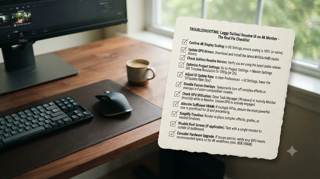 Illustration of a checklist card summarizing steps to fix laggy DaVinci Resolve UI on a high resolution 4K monitor