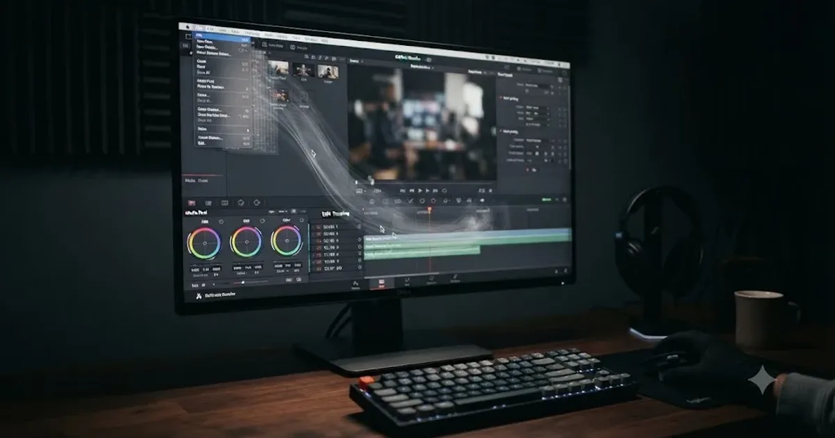 Illustration of a 4K monitor displaying a DaVinci Resolve interface with motion trails behind the cursor and menus, suggesting a sluggish UI