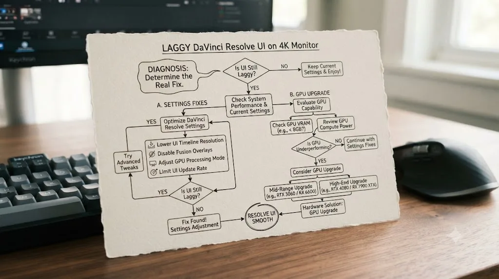 Illustration of a decision tree flowchart comparing settings fixes to a GPU upgrade for laggy DaVinci Resolve UI on a 4K monitor