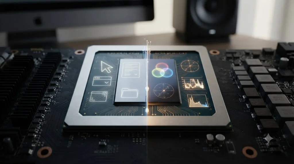 Illustration of a GPU chip split between rendering the interface and processing color, representing its dual workload in DaVinci Resolve