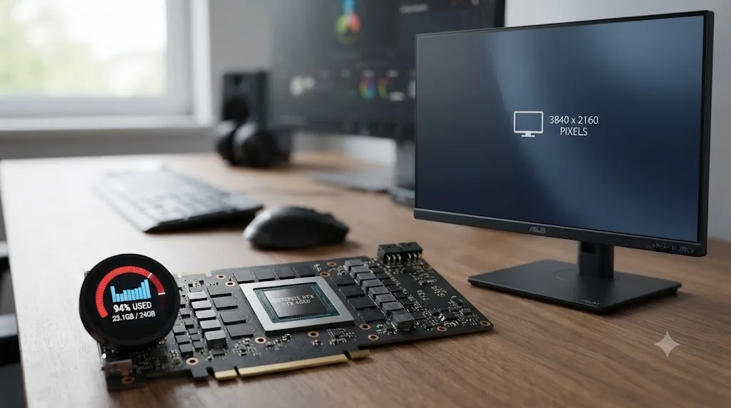 Illustration of a GPU with a nearly full VRAM gauge next to a 4K monitor icon showing its pixel count