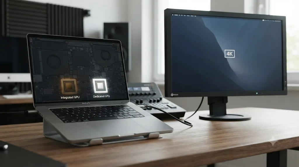 Illustration of a laptop with a dim integrated GPU chip and a bright dedicated GPU chip connected to an external 4K monitor