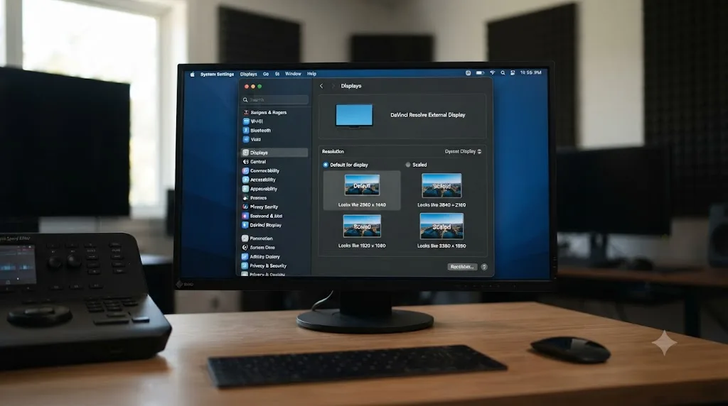 Illustration of macOS System Settings Displays panel with scaled resolution options for an external monitor