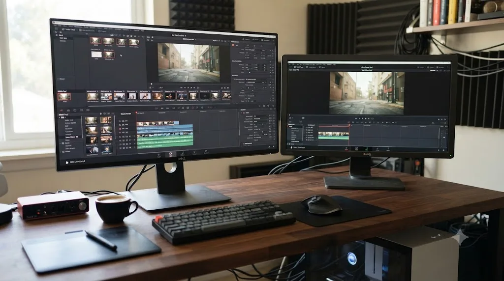Illustration of a desk with a 4K monitor and a 1080p monitor both connected to a computer running DaVinci Resolve