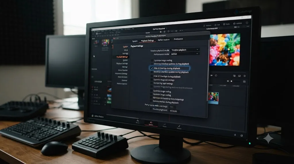 Illustration of DaVinci Resolve's Playback Settings preferences panel with the Hide UI Overlays option highlighted