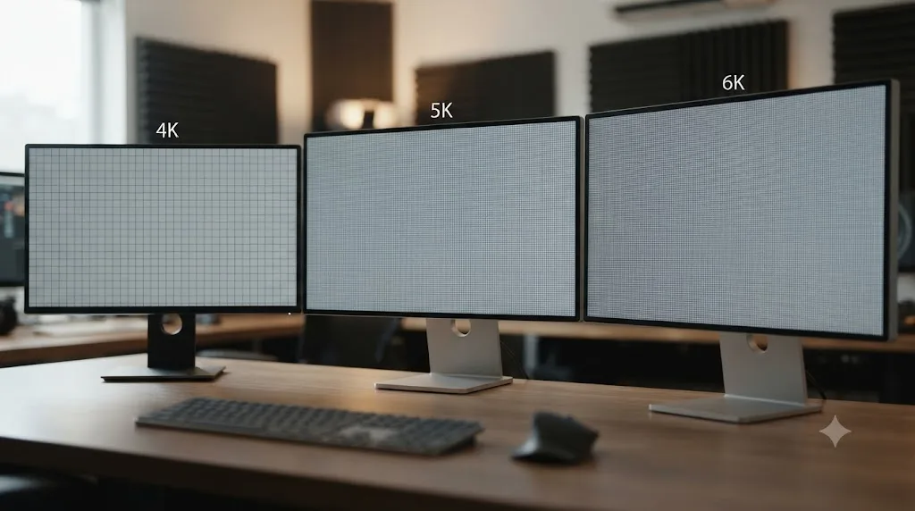 Illustration of three monitors labeled 4K, 5K, and 6K with pixel grid overlays showing increasing pixel density