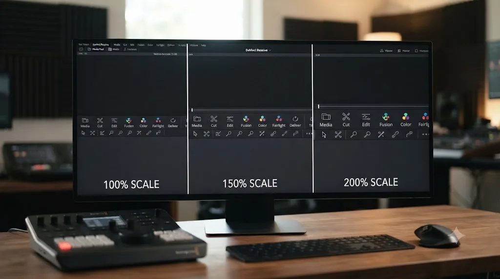 Illustration of a DaVinci Resolve toolbar shown at three different UI Display Scale percentages side by side