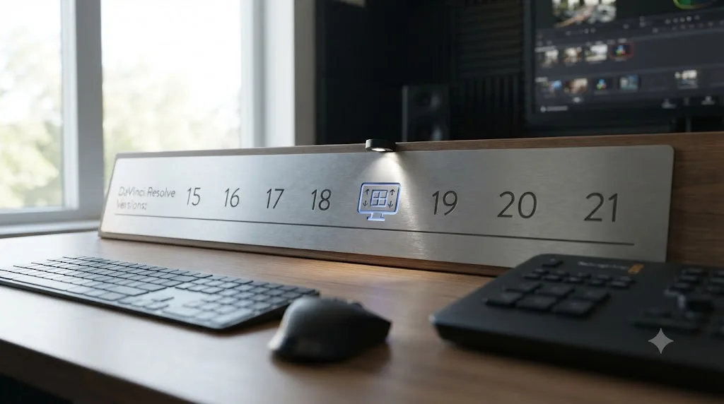 Illustration of a DaVinci Resolve version timeline showing UI scaling improvements added at version 18.1