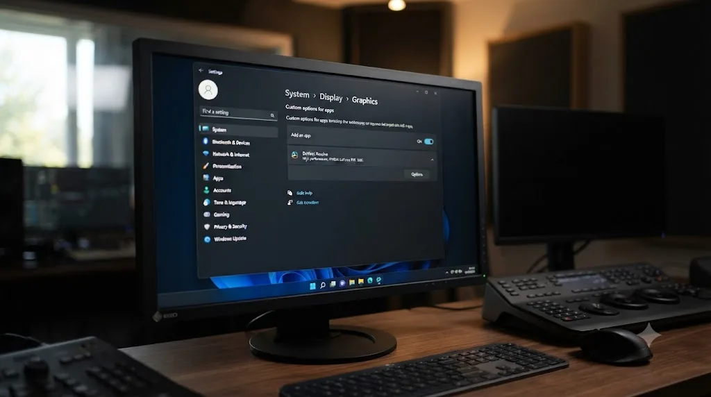 Illustration of Windows Graphics settings with DaVinci Resolve set to use the high performance dedicated GPU