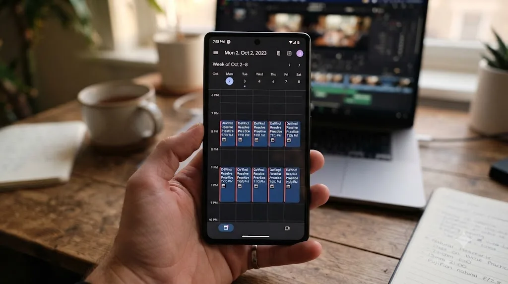 Illustration of a calendar app with a recurring protected evening block for DaVinci Resolve practice