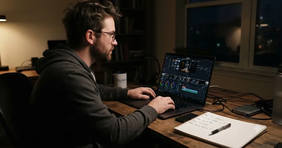 Illustration of a working adult practicing DaVinci Resolve at a laptop beside a weekly planner