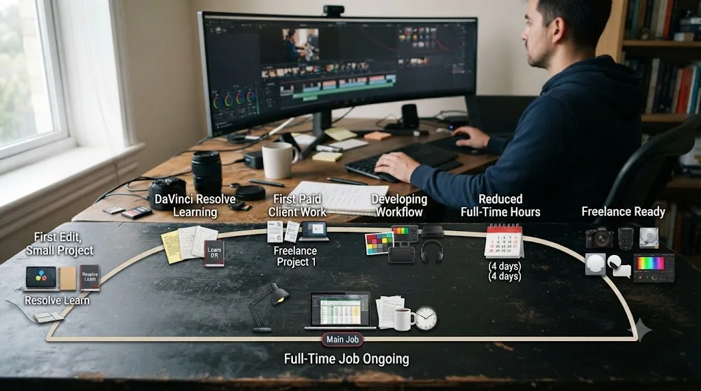 Illustration of a realistic timeline from learning DaVinci Resolve to freelance-ready work while employed full time