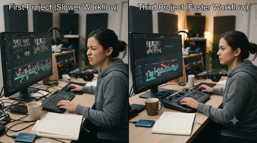 Illustration comparing a slower first DaVinci Resolve project with a faster third project using the same workflow
