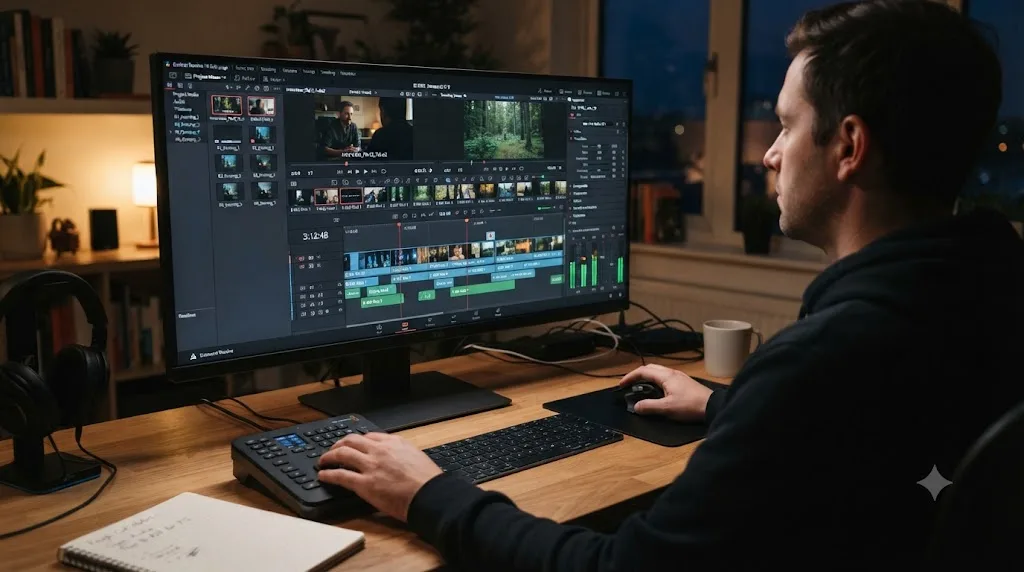 Illustration of a beginner's first rough cut on the DaVinci Resolve Edit page built across short evening sessions