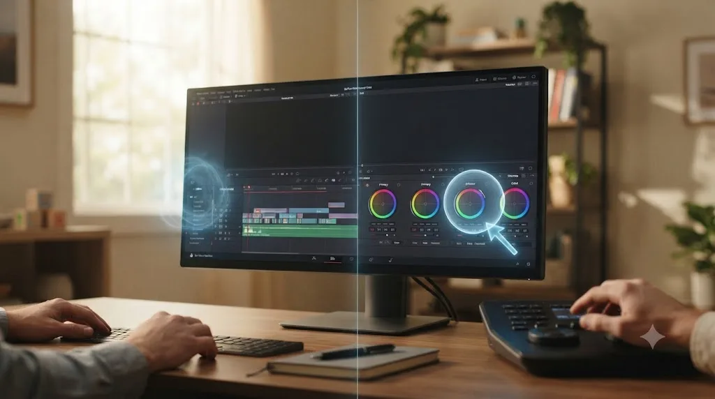 Illustration comparing an AI tool that automates edits with an on-screen AI assistant that points at controls for a stay-at-home parent