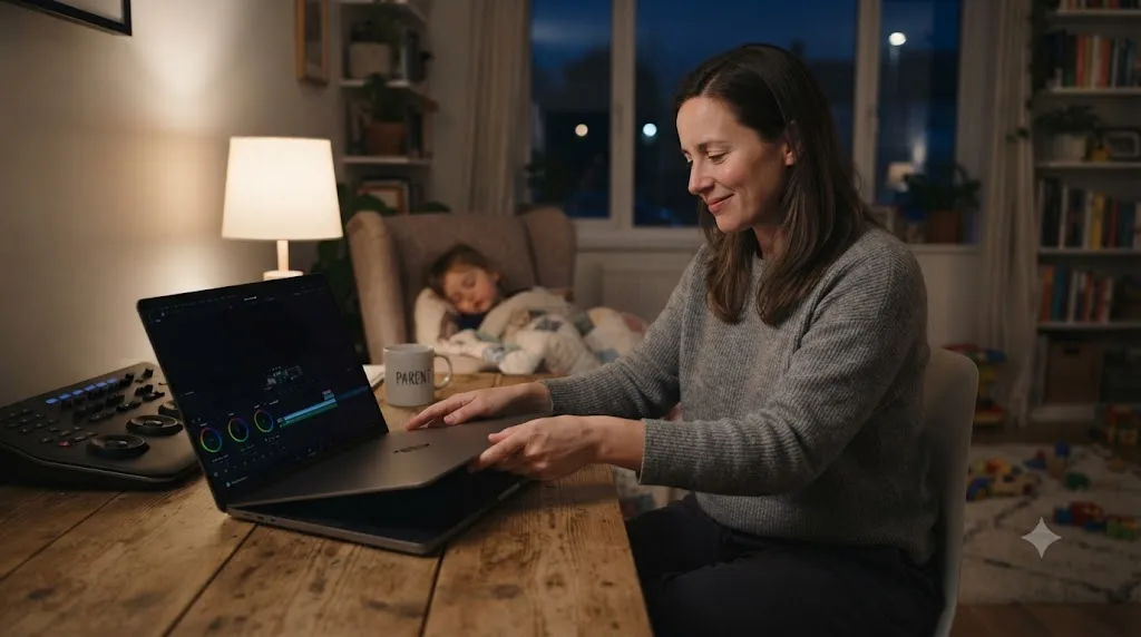 Illustration of a stay-at-home parent choosing rest over an extended late-night DaVinci Resolve session