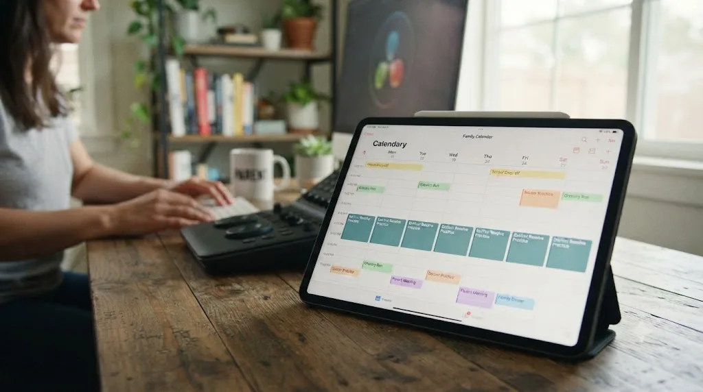 Illustration of a shared family calendar with a protected recurring block for DaVinci Resolve practice