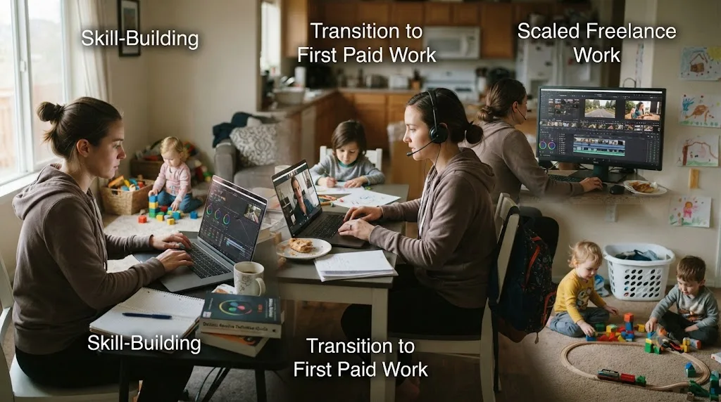 Illustration of three overlapping phases for transitioning to freelance DaVinci Resolve work as a stay-at-home parent