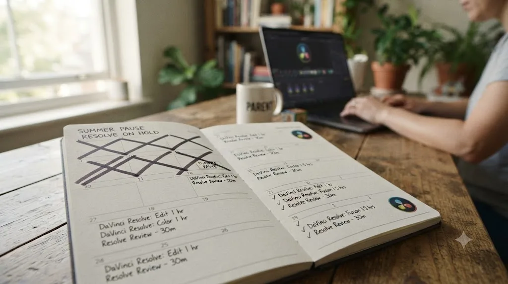 Illustration of a paused DaVinci Resolve learning plan resuming after a summer break disruption