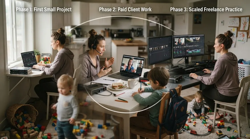 Illustration of a realistic timeline from learning DaVinci Resolve to freelance-ready work while home full time with young kids