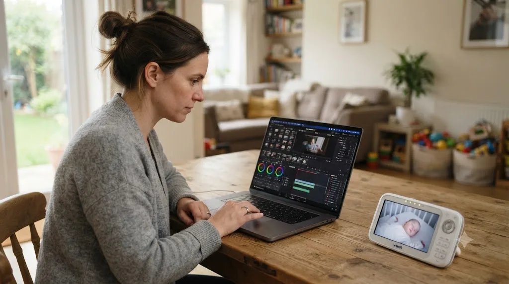 Illustration of a stay-at-home parent editing in DaVinci Resolve during a child's nap with a baby monitor nearby