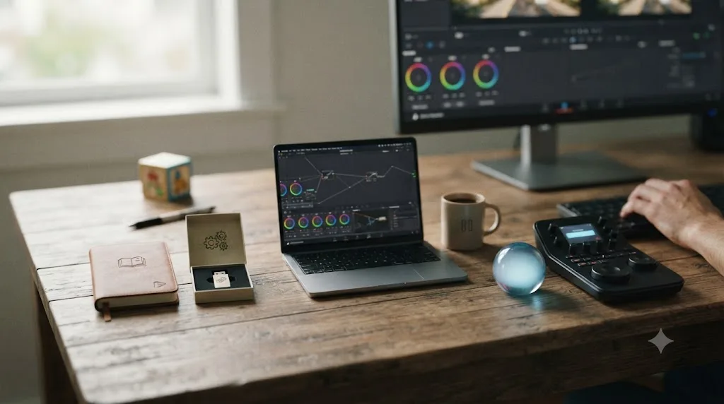 Illustration comparing a structured course, YouTube tutorials, and an on-screen AI assistant as different DaVinci Resolve learning tools for a busy parent