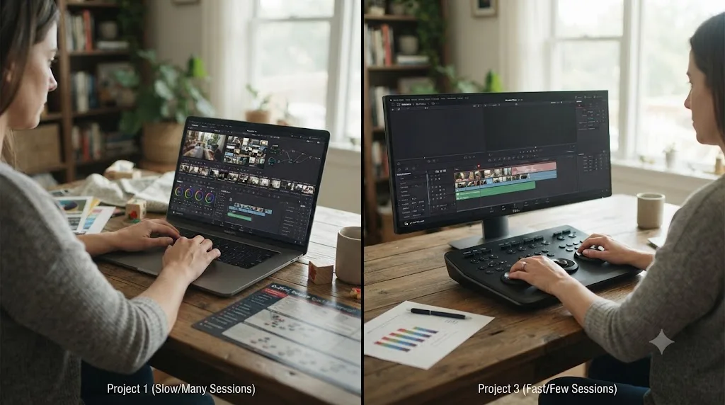 Illustration comparing a slower first DaVinci Resolve project with a faster third project completed by a stay-at-home parent