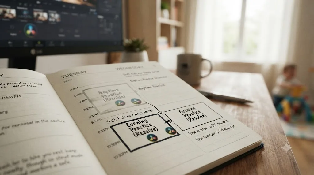 Illustration of a DaVinci Resolve practice schedule shifting from a naptime window to an after-bedtime window