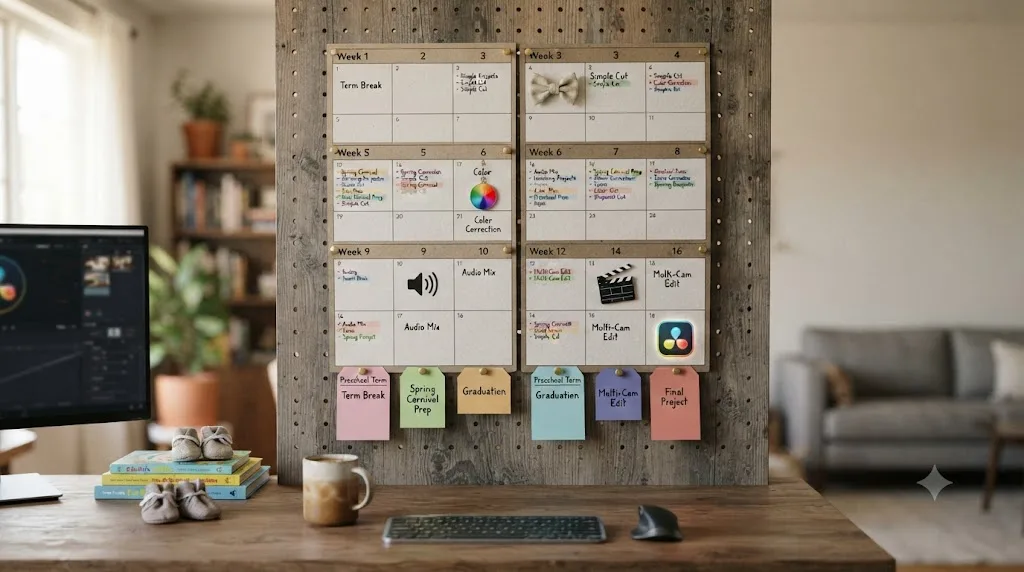 Illustration of a sixteen-week DaVinci Resolve learning calendar for a stay-at-home parent with milestones marked