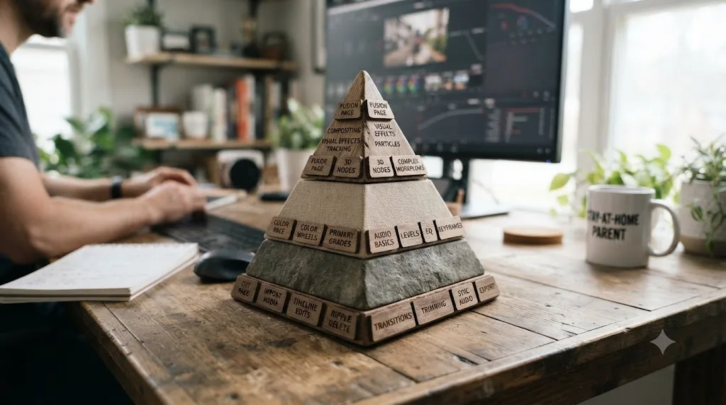 Illustration of a three-tier skill priority pyramid sized to short interrupted DaVinci Resolve practice sessions