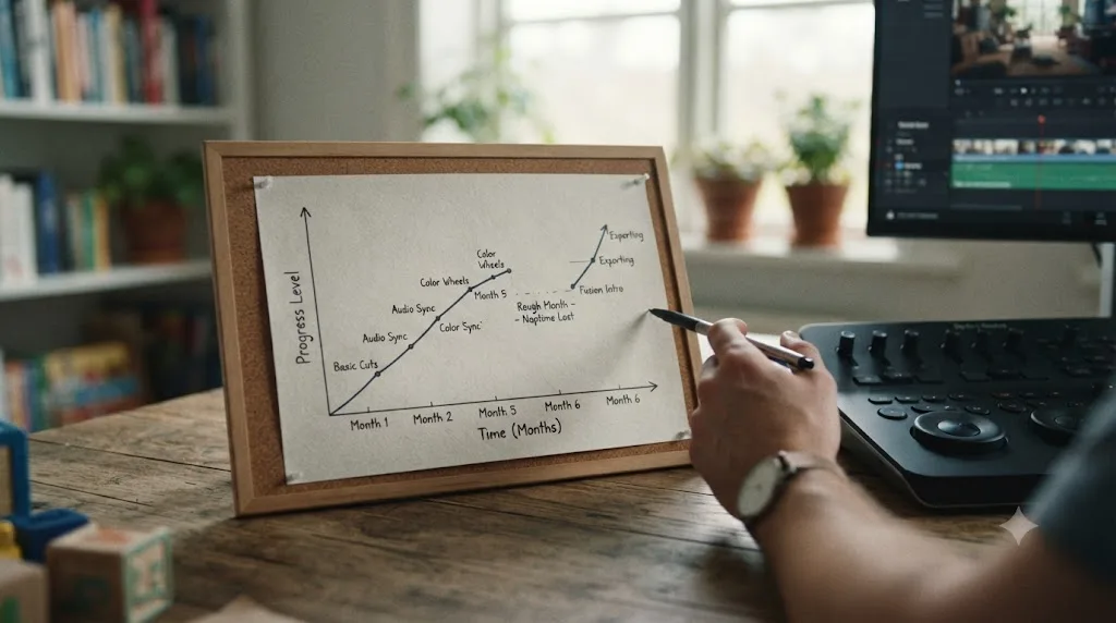 Illustration of a progress chart showing a gap during a rough month followed by resumed DaVinci Resolve practice at the same step