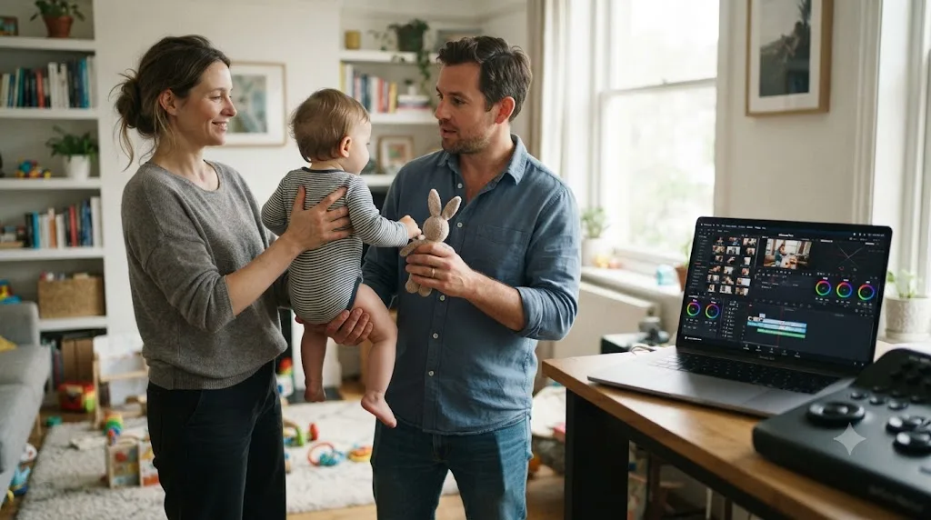Illustration of a parent handing off childcare to tag-team a longer DaVinci Resolve practice session