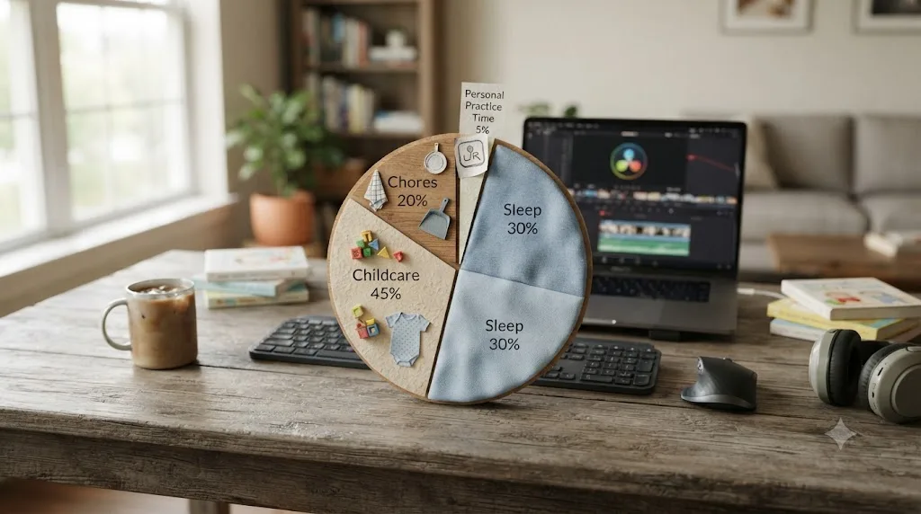 Illustration of a pie chart showing how little free time a stay-at-home parent has left for practicing DaVinci Resolve