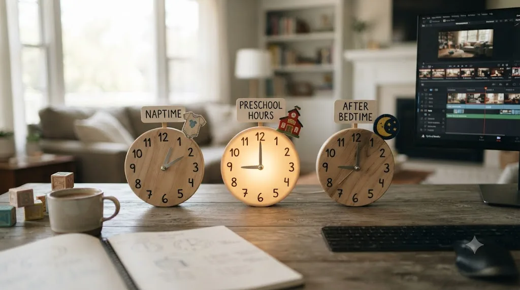 Illustration of three practice time windows, naptime, preschool hours, and after bedtime, for a stay-at-home parent learning DaVinci Resolve