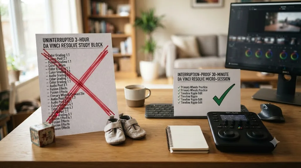 Illustration comparing a long uninterrupted study block with a short interruption-proof DaVinci Resolve session