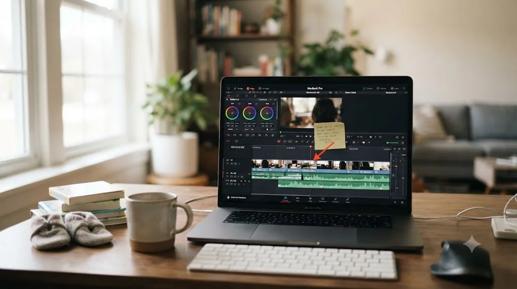Illustration of a beginner's DaVinci Resolve timeline with a note marking exactly where the last interrupted session stopped