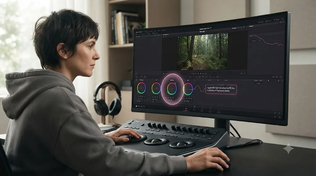 Illustration of an AI tutor overlay pointing at a specific control inside DaVinci Resolve