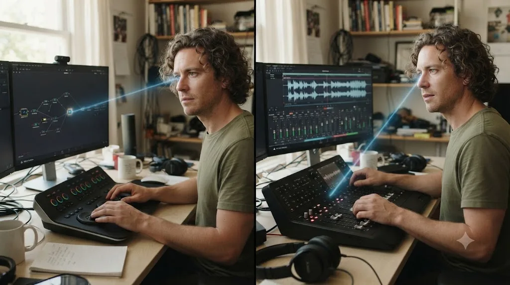Illustration of lingering attention residue between an unfinished DaVinci Resolve color task and a new audio task