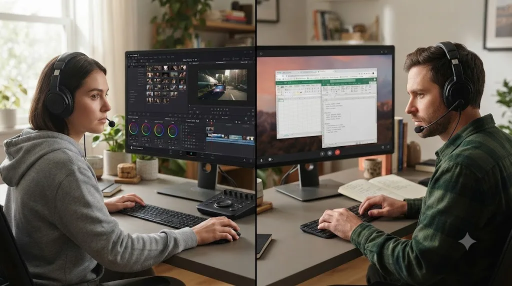 Illustration of a virtual body-doubling session with one person editing in DaVinci Resolve
