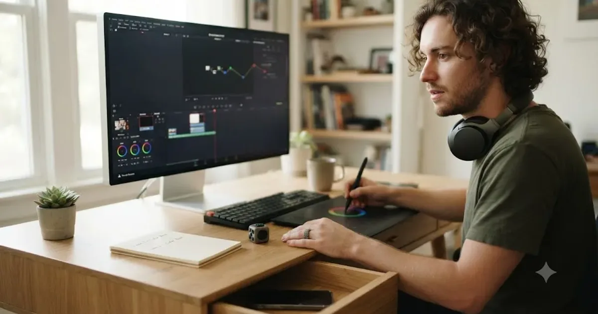 Illustration of a person with ADHD focusing on a small DaVinci Resolve practice project with distractions minimized
