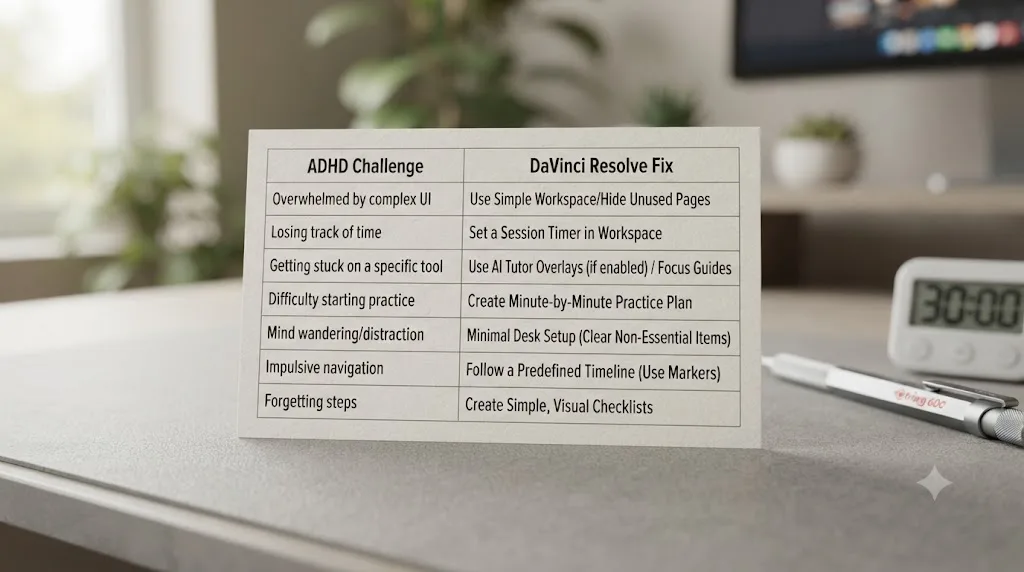 Illustration of a checklist matching ADHD challenges to specific DaVinci Resolve learning fixes